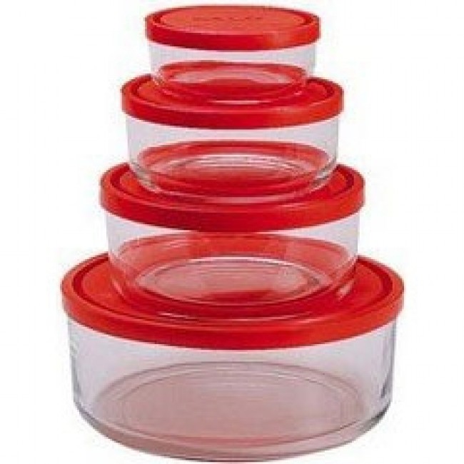 Boîtes de conservation rondes en verre couvercle plastique rouge Ø 11,15,18,23cm - Set de 4 - Gelo box - Bormioli Rocco