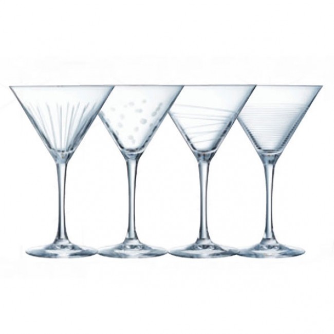Verre à martini cocktail 30 cl en verre krysta transparent avec 4 décors - Lot de 4 - Illumination - Eclat Cristal d'Arques