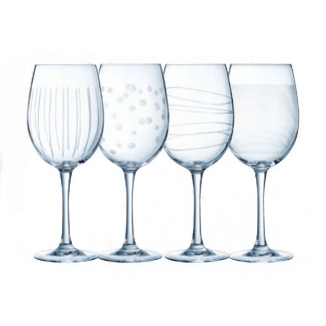 Verre à vin tulipe 47 cl en verre krysta transparent avec 4 décors - Lot de 4 - Illumination - Eclat Cristal d'Arques
